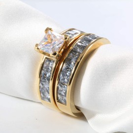 Wedding Ring Set Two Rings His Hers Couples Rings Women's 10k Yellow Gold Filled White CZ Wedding Engagement Ring Bridal Sets & Men's Stainless Steel Wedding Band