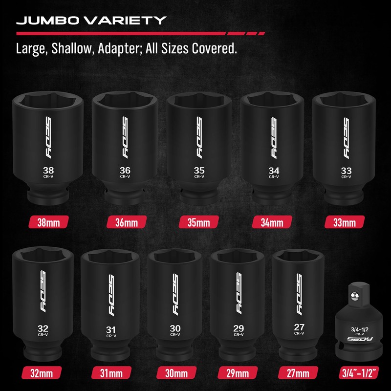 1/2 Drive Deep Impact Socket Set: 11-Piece Metric Size Wheel