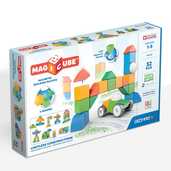 Geomag - Magiccube 1+ Shapes - Magnetic Blocks for Children - 4 Colours and Shapes - 32 Cubes - 100% Recycled Plastic