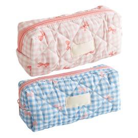 2 Bow Plaid Pen Bags, Portable Storage Bags, Cute Pencil Bags, Stationery, Cosmetic Organising Tools