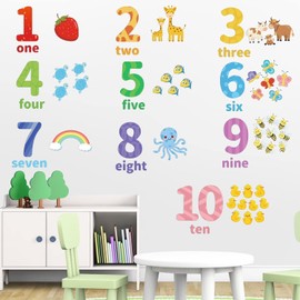 Large Number Wall Decals Stickers Educational Learning Wall Sticker Animal Arabic Numbers 1-10 Vinyl Counting Decals Peel and Stick Removable for Children Kids Toddlers Classroom Playroom Daycare