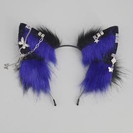 QUICOMP Wolf Ears Tail Costume Wolf Ear Headband Fox Ear Tail Wolf Cosplay Props (Black Navy)