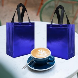 cabzymx 18 pcs Glossy Blue Reusable Gift Bags, 8 x 3.9 x 9.8 In Goodie Bags Bulk with Sturdy Base, Non-woven Holiday Gift Bags for Birthday, Wedding, Party, Easter