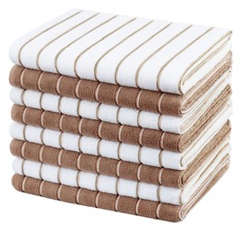 gryeer Microfibre Tea Towels - Pack of 8 (Stripe Designed Brown and White Colours) - Soft, Super Absorbent and Lint Free Kitchen Towels, 45 x 65 cm