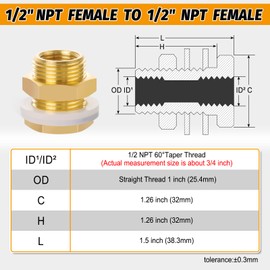 KOOTNAS 2-Pack Solid Brass Bulkhead Fittings, 1/2 NPT Taper Female 1" Straight Male Thread Brass Water Tank Connector with 4 Rubber Rings and Silicone Rings, for Water Towers, Faucets, Hoses, Pipes