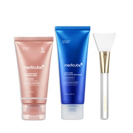 medicube Korean Viral Glass Skin Faical Mask Duo: Collagen Overnight Wrapping Peel Off Facial Mask Pack & Zero Pore Blackhead Mud Facial Mask & Jelly Brush
