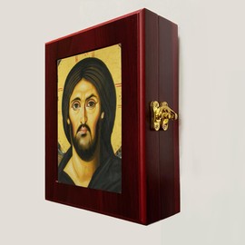 Image of Jesus Christ Pantocrator Mount Sinai Icon Box Wooden, Byzantine Orthodox Christian Wall Hanging or Table Keepsake Box, Religious Gift for Him, Her 7 1/2 Inch