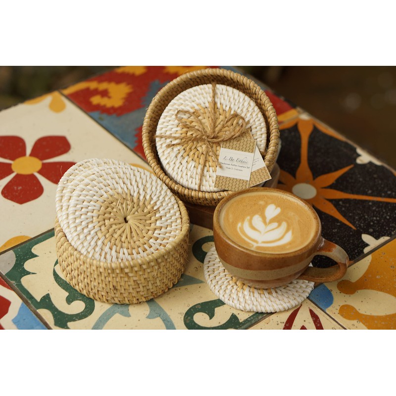 L.Bo Ethnic Handwoven Rattan Coasters Set, 6 Pieces with Holder,