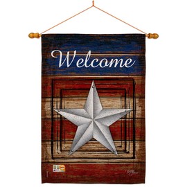 Breeze Decor Star and Stripes Welcome Vintage House Flag Dowel Set Patriotic Patriotism Independence Memorial United State American Small Decorative Gift Yard Banner Made in USA 28 X 40
