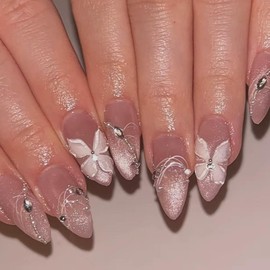 Hkanlre Almond Fake Nails Tips Shiny Press on Nails Medium Full Cover Rhinestones Pink False Flower Nails for Women 24PCS