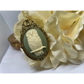 Fancy Fox Boutique BIRTHDAY Gift Green Barn Owl Cameo Necklace Brooch Gold Pendant SUMMER Wedding