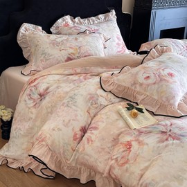 HighBuy Ruffle Floral Bedding Linen Duvet Cover King,Yarn-Dyed Cotton Linen Textured Breathable Cottagecore Bedding Set for Women Girls,1 King 104"x90" Duvet Cover and 2 Ruffle Pillowcases