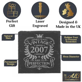 18th Birthday Gift for Men Vintage 2007 Aged to Perfection Engraved Slate Coaster Present for 18 Year Old Etched Natural Slate Placemat (Square Slate)