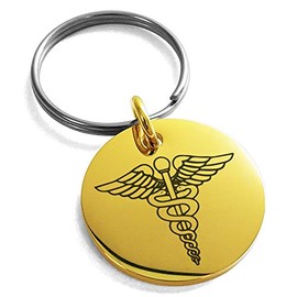 Tioneer Gold Plated Stainless Steel Caduceus Staff of Hermes Symbol Small Medallion Circle Charm Keychain Keyring