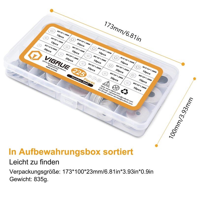 VIGRUE 225 Pieces Stainless Steel Flat Washers Set Washers Assortment