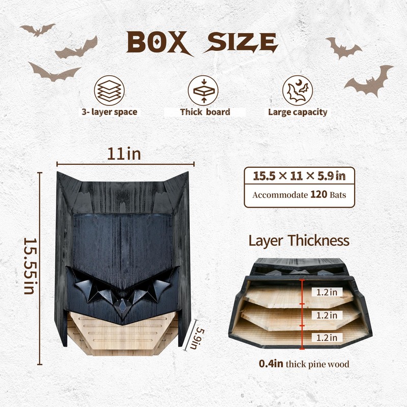 Caped Hero Bat House for Outdoors - Wooden Large Three