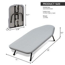 SheeChung Small Ironing Board 12"X32",Mini Ironing Board with Removable Cover and Thick Pad,Portable Folding Non-Slip Feet Tabletop Board for School Apartment Laundry Rooms,Compact Space-Saving,Grey