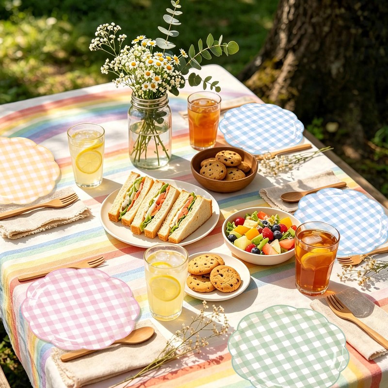 48Pcs Pastel Plaid Paper Plates, Scalloped, 9 Inch, 4 Colors