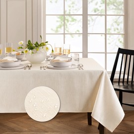Elrene Home Fashions Continental Solid Texture Water, Stain & Wrinkle Resistant Tablecloth, 60"X144" Rectangle, Ivory