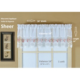 Today's Curtain, Vintage Macramé Organza Valance 14", White/Rose, 58" W x 14" L