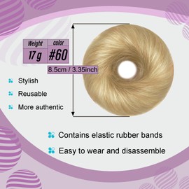 Human Hair Bun Messy Bun Hair Piece 100% Real Human Hair Natural Wavy Scrunchies Hair Bun Hairpiece with Elastic Rubber Band for Women Bun Extensions (#60 Platinum Blonde)