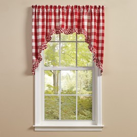 Park Designs Buffalo Check Ruffled Swags - Red | 72" x 36" | Classic Country Kitchen Window Curtains | Unlined Cotton Panels | Rod Pocket Drapery Set
