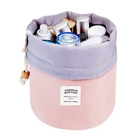 Women Travel Make Up Bag,Pouches Cosmetic Bags Girls Barrel Shaped Hanging Toiletry Wash Bags Nylon Drawstring Makeup Organizer Storage Bag + Small Zipper Pocket+PVC Transparent Brush Bag (Pink)