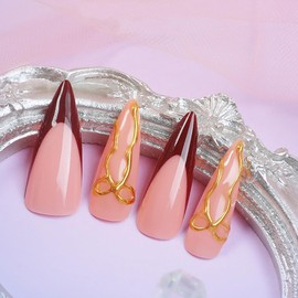 ANDGING French Tip Press on Nails Red Almond Medium Long Glue on Nails with 3D Gold Ribbon Designs Classy Full Cover Fake Nails for Women Wedding Acrylic Manicure False Stick on Nails 24 Pcs