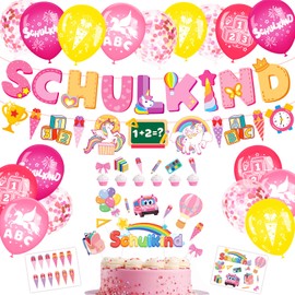 Elidepe Einschulung Mädchen, Einschulung Deko, Rosa Einhorn Schulanfang Deko Mädchen Set, Tortendeko Einschulung + SCHULKIND Banner + Zuckertüte Girlande + Schulkind Latex Luftballons + Papierstücke