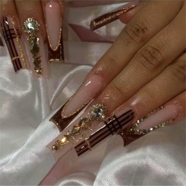 Long Press on Nails Square Xl Fake Nails French Tip Glue on Nails with Designs False Nails Rhinestones Acrylic Nails Long Square Nails Press Ons Stick on Nails for Women 24Pcs