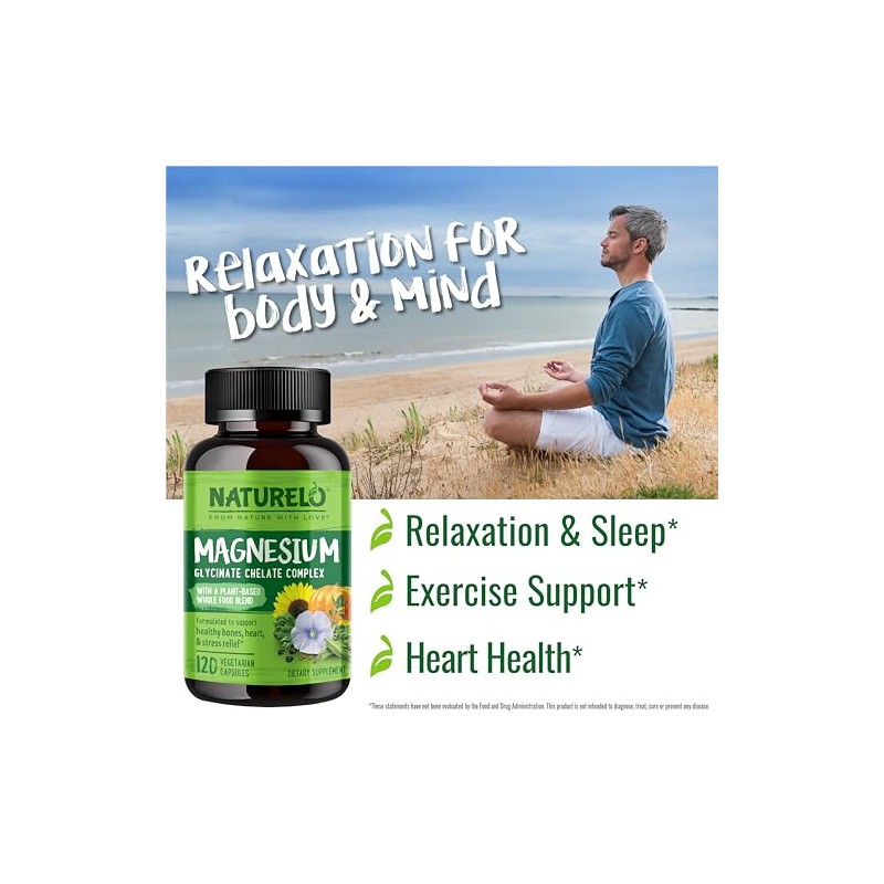 NATURELO Magnesium Glycinate Supplement - 200mg Glycinate Chelate with Organic