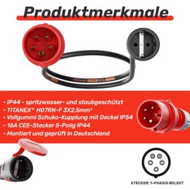 NWP Adapter 1.5 m 16 A 400 V Plug High Current to 230 V Schuko Coupling – IP44 3 x 2.5 mm² Rubber Hose Cable