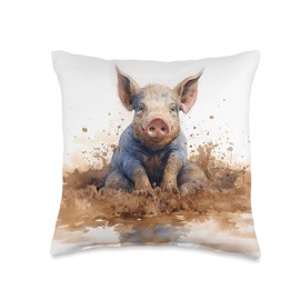 Pig In Spa With Mud Bath Pig Enjoying A Mud Bath Spa Throw Pillow, 16x16, Multicolor