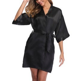 Women's Pure Short Silky Robes Satin Kimonos Bathrobe Bride Bridesmaid Getting Ready Dressing Gown Black