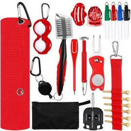 Syhood 21 Pcs Golf Club Cleaning Kit Golf Accessories Golf Cleaning Brush, Towel, Groove Sharpener, Divot Repair Tool, Golf Ball Alignment Kit Portable Golf Brush Tool Kit for Men or Women(Red)