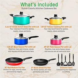 NutriChefKitchen 15-Piece Nonstick Kitchen Cookware Set PTFE/PFOA/PFOS- Free | Colorful Heat Resistant Lacquer Pots Pan Set Saucepot, Frying Pans, Pots, Oven Pot, Lids, 5 Utensil - NCCWCOR15