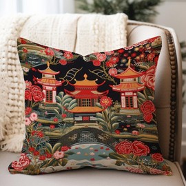 WoGuangis Asian Pagoda and Red Flower Cushion Cover Chinoiserie Charcoal Coral Pagoda Throw Pillow Covers Chinoiserie Style Accent Pillow 20x20in White Linen Pillows for Office Car Chair Sofa