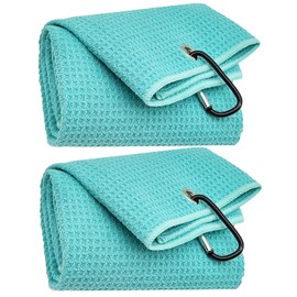 HYYPME 2 Pack Tri-fold Golf Towel Set, Microfiber Fabric Waffle Pattern Towels, Outdoor Sport Towels Heavy Duty Carabiner Clip (2 Pcs) (Turquoise Blue x2)