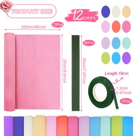 12 Colours Crepe Paper Colourful 25 x 250 cm 12 Rolls Crepe Paper DIY Crepe Paper Rolls with Green Cable Flower Ribbon for Making Valentine's Day Flowers DIY Flower Paper Crafts