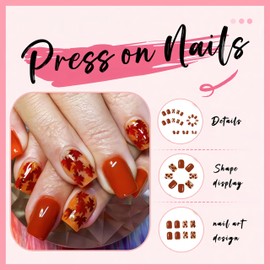24Pcs Maple Leaves Press on Nails Short Square Thanksgiving False Nails Red Maple Acrylic Fake Nails Glitter Autumn Leaf Glue on Nails Artificial Nail Leaves Stick on Nail for Women Manicure Decor