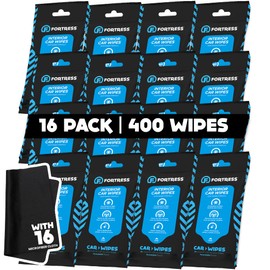 Fortress Car Interior Wipes with Microfiber Cloth (25 ct, Pack of 16) for Car Interior Cleaning, Dashboard, Seats, Detailing, and Steering Wheel [Travel Size] Skin-Safe Car Interior Cleaner Supplies