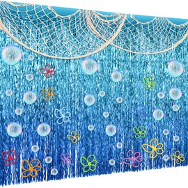 Tingjoo 35 Pcs Sponge Party Decorations Include Blue Tinsel Foil Fringe Curtain Backdrop, 80 x 40 Inch Fish Net Decor, Flowers Bubble Wall Decals Photo Props for Pool Sea Birthday Party Supplies