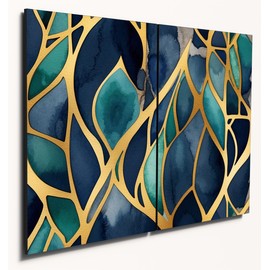 The Plum Penguin Abstract Watercolour Fretwork Wooden Wall Art, A4 Dual Set, Indigo Teal Gold MDF Decor Canvas Alternative 40 x 30cm