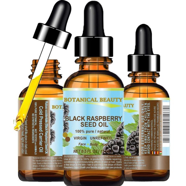BLACK RASPBERRY SEED OIL. 100% Pure / Natural / Undiluted / Virgin / Unrefined / Cold Pressed Carrier oil. 0.5 Fl.oz.- 15 ml. For Skin, Hair, Lip and Nail Care. "One of the highest antioxidants, rich in vitamin A and E, Omega 3, 6 and 9 Essential Fatty Ac