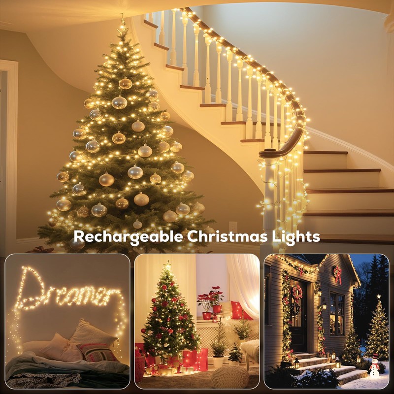 Soiarllt Rechargeable String Lights, 2-Pack Total 66ft 200LED Rechargeable Fairy