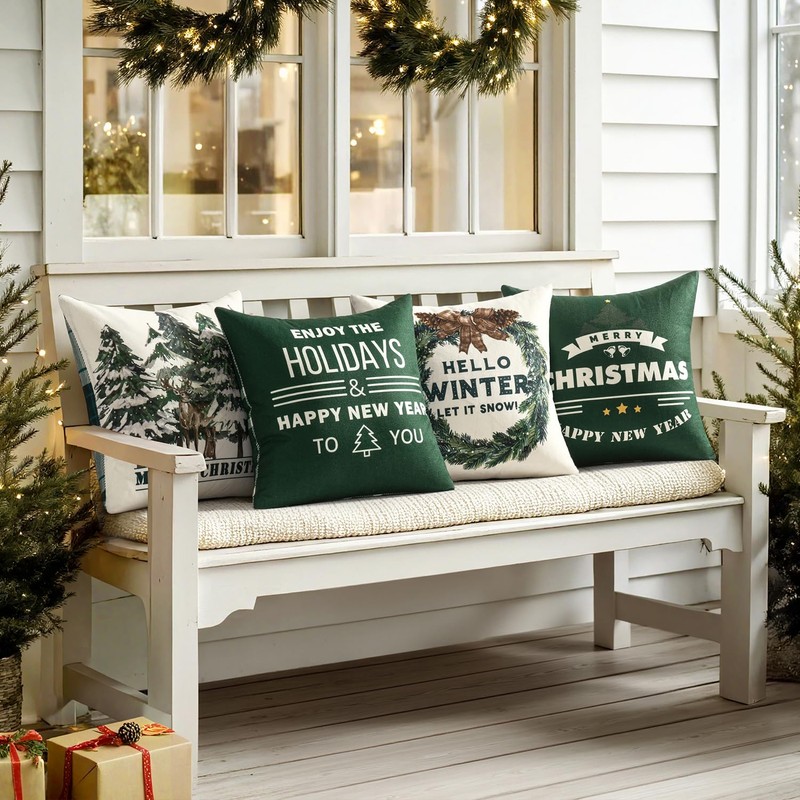 MIULEE Christmas Tree Reindeer Wreath Pillow Covers Dark Green Plaid