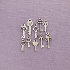 Unbranded Key Charm Collection Antique Silver Tone 10 Different Charms - COL106