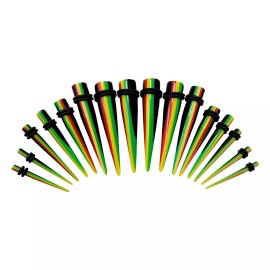 LionGothic 14pc Taper Ear Stretcher O-Ring Kit Acrylic Rasta Design Colors Red Yellow Green