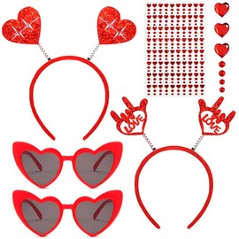 RUPOFUZA Valentines Day Headband with Red Antenna Headband & Red Heart Sunglasses and Heart Gem Stickers for Valentines Day Decor(5Pcs)