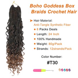 Goddess Box Braids Crochet Hair for Women 24 Inch 8 Packs Brown Boho Crochet Box Braids Pre Looped Crochet Braid Hair Curly Ends (T30, 24 Inch)